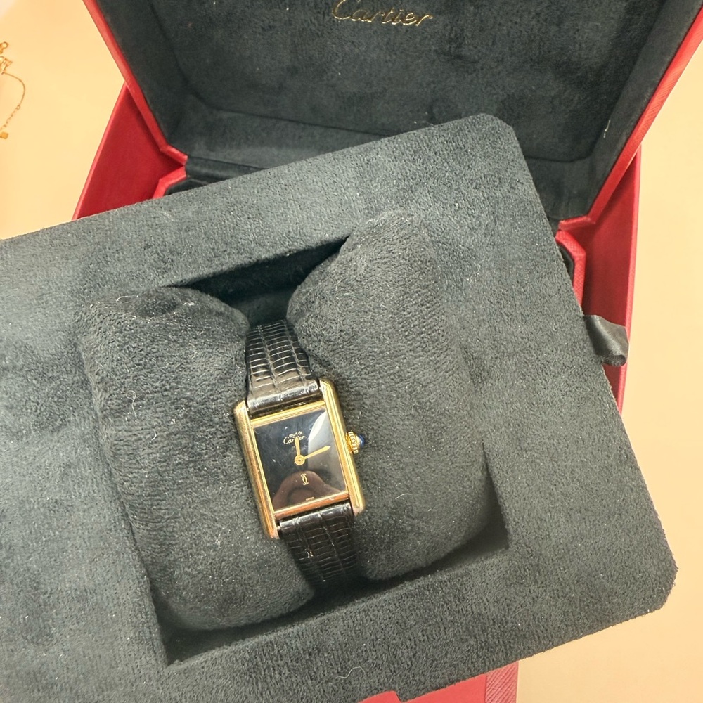 Cartier Tank Style With Black Dial, Solid Sterling Silver Plated in 18k Gold - Picture 9 of 16